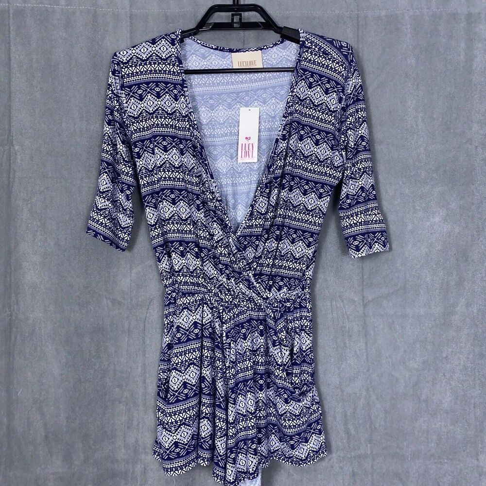 New Nwt Lucy Love Nantucket Romper Dark Blue White Womens Size Small 1/2 Sleeve